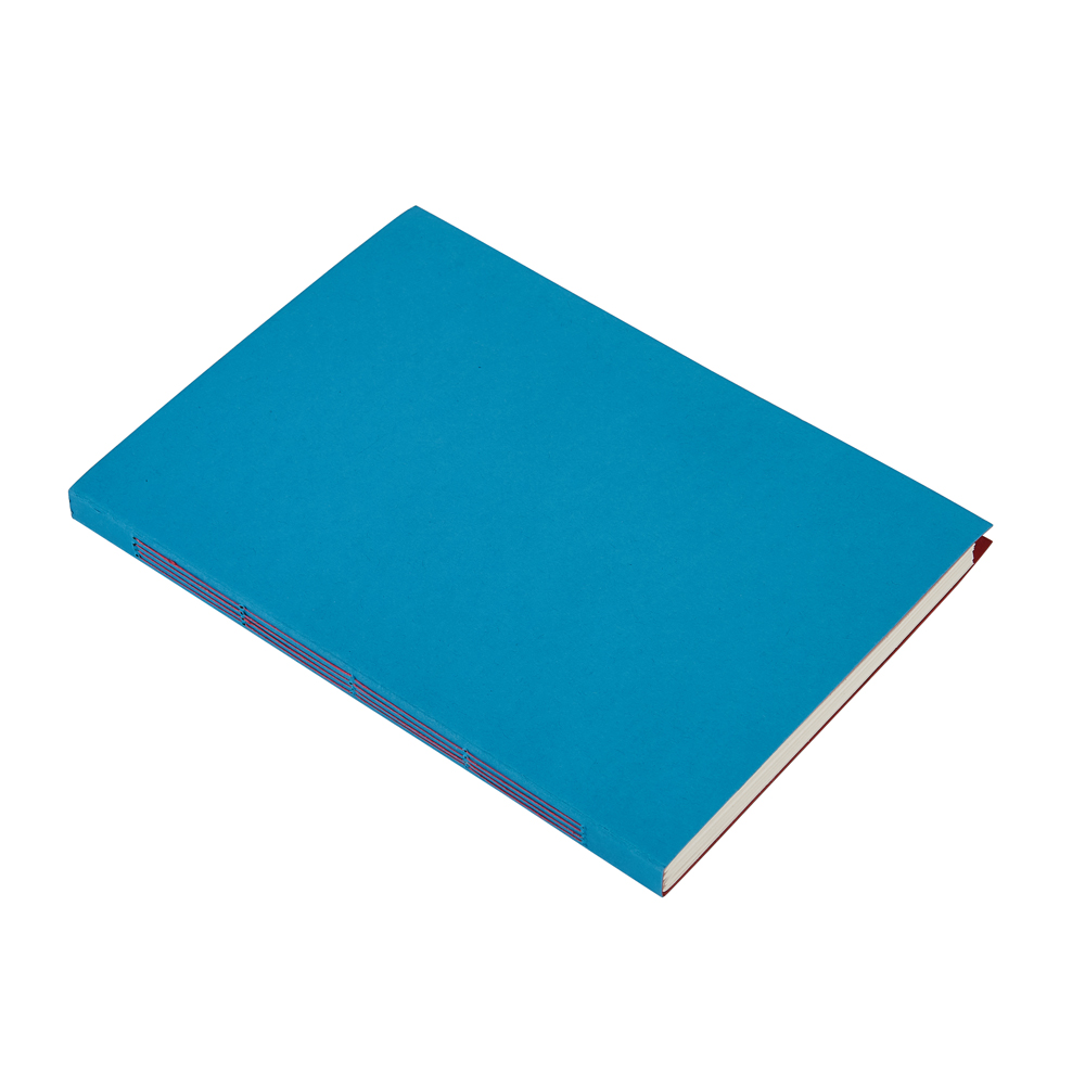 Blue sketchbook with red hand stitching