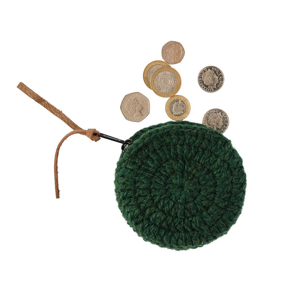 forest green hand-crotched coin purse