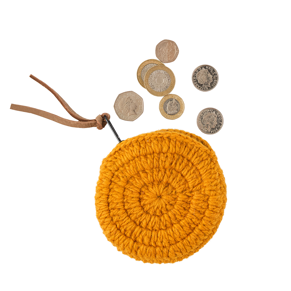 Crochet Wool Round Coin Purse - Mustard