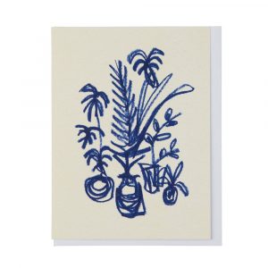 A greetings card featuring sketches of blue flowers and plants.