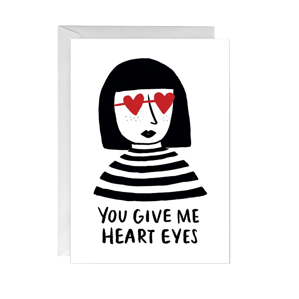 Illustrated card of woman with heart eyes
