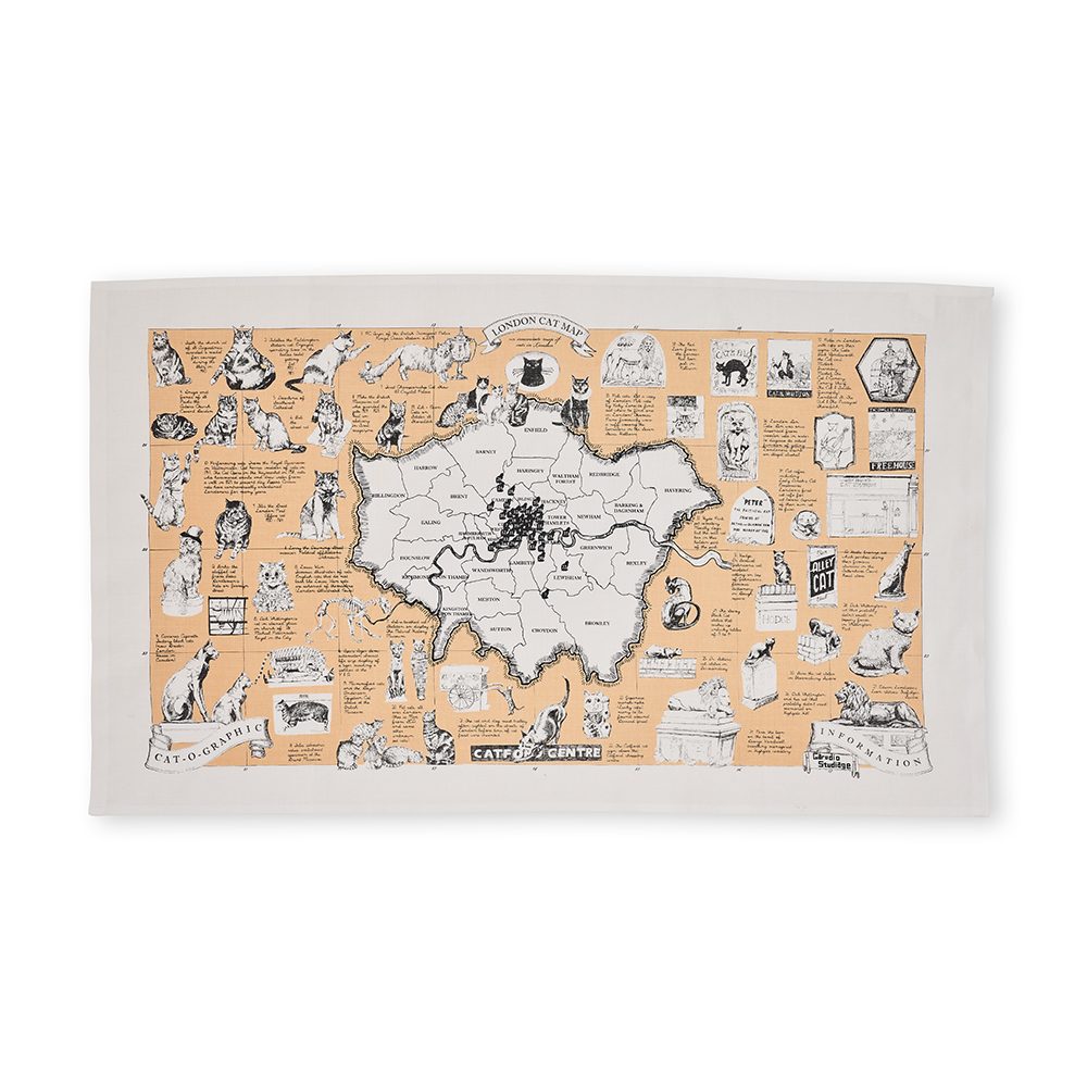 London cat map illustrated tea towel