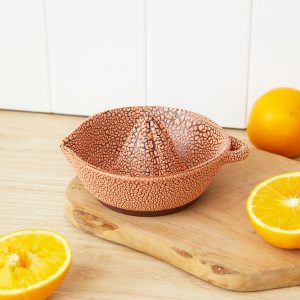 A ceramic juicer in coral with a crackling effect finish.