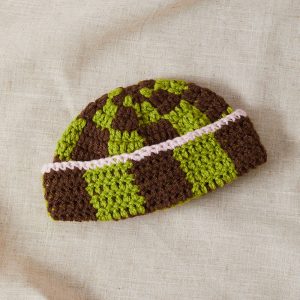 Hand crochet checked beanie in brown and green