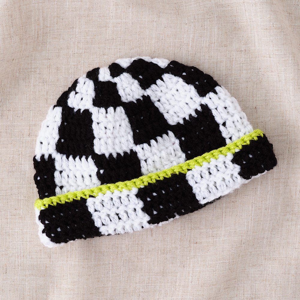 Checked Crochet Beanie - Black and White