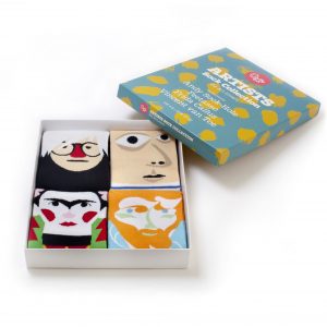 A boxed set of four pairs of socks featuring different artists' faces