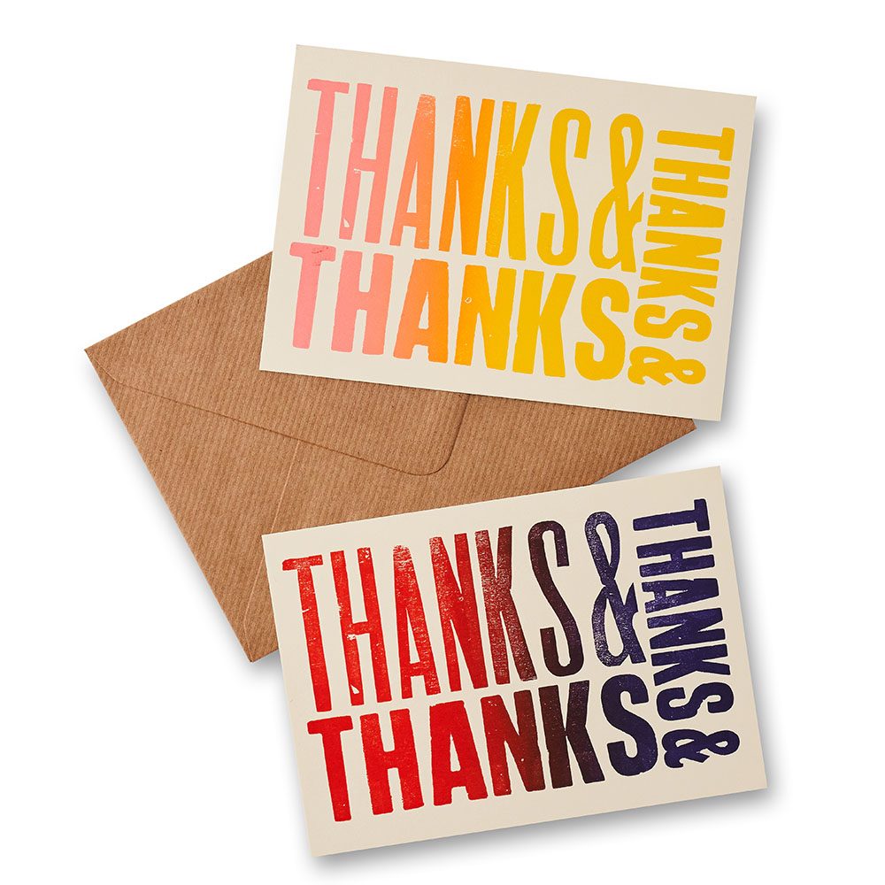 Thanks notelet set featuring various typography of the word 'Thanks.'