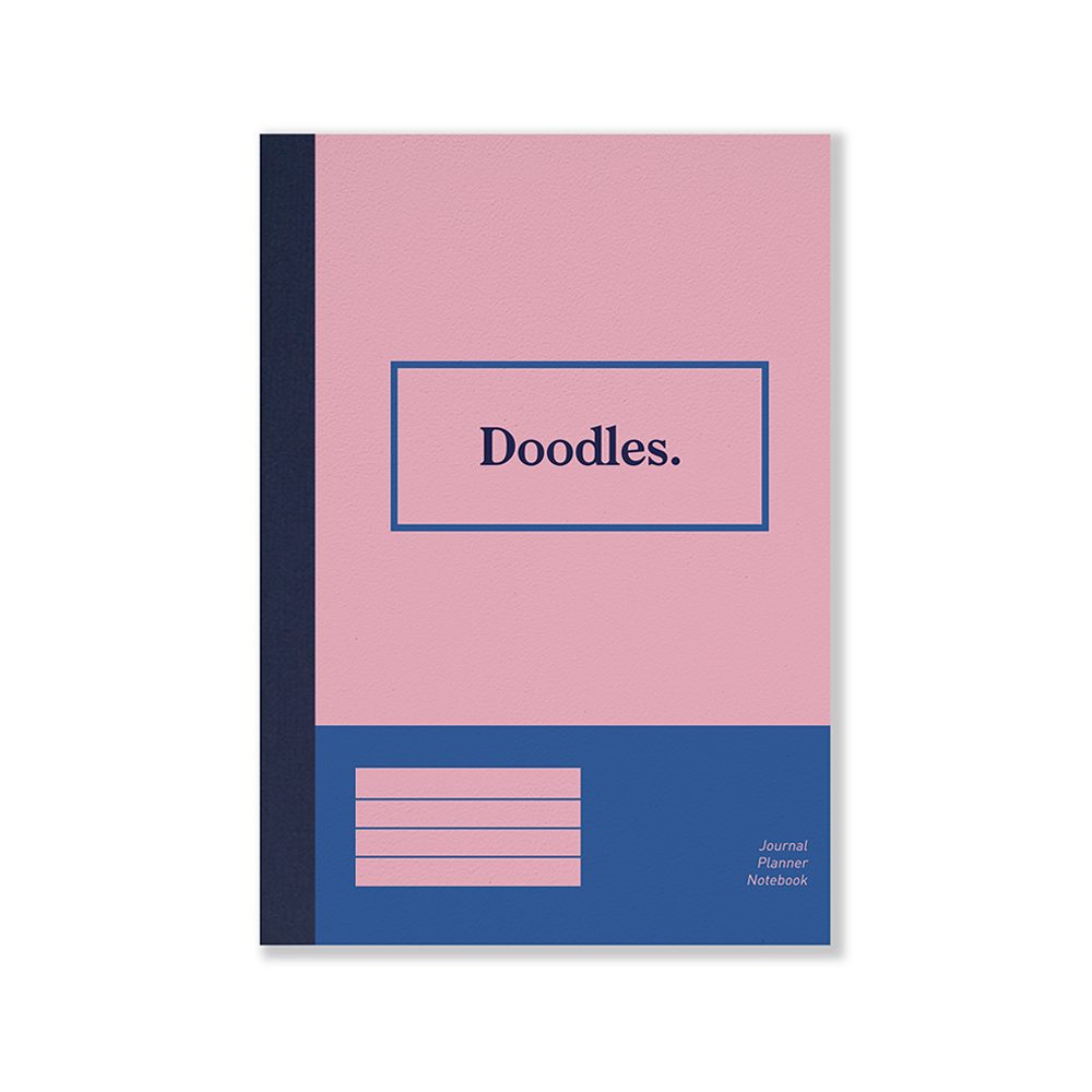 Pink and blue notebook with Doodlesslogan