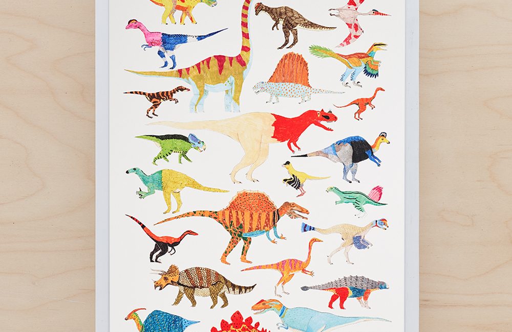 Colourful A3 print with different dinosaurs