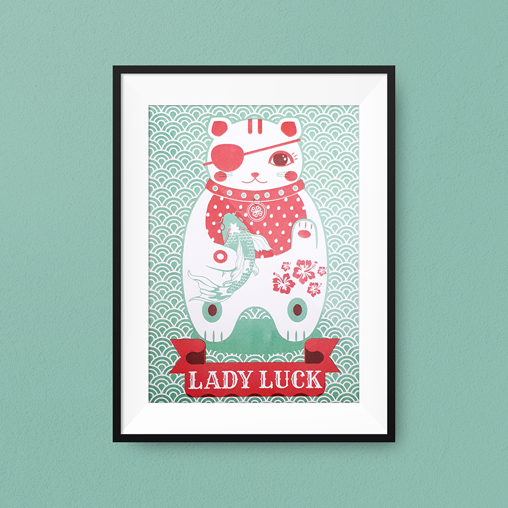 Lady Luck Risograph Print A4 Lady luck cat
