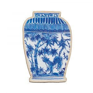 A wooden pin badge in the shape of a Japanese vase with blue and white tiger pattern