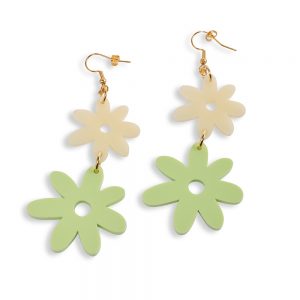 Flower Power Earrings - Pistachio - double drop earrings with green and pearl flowers