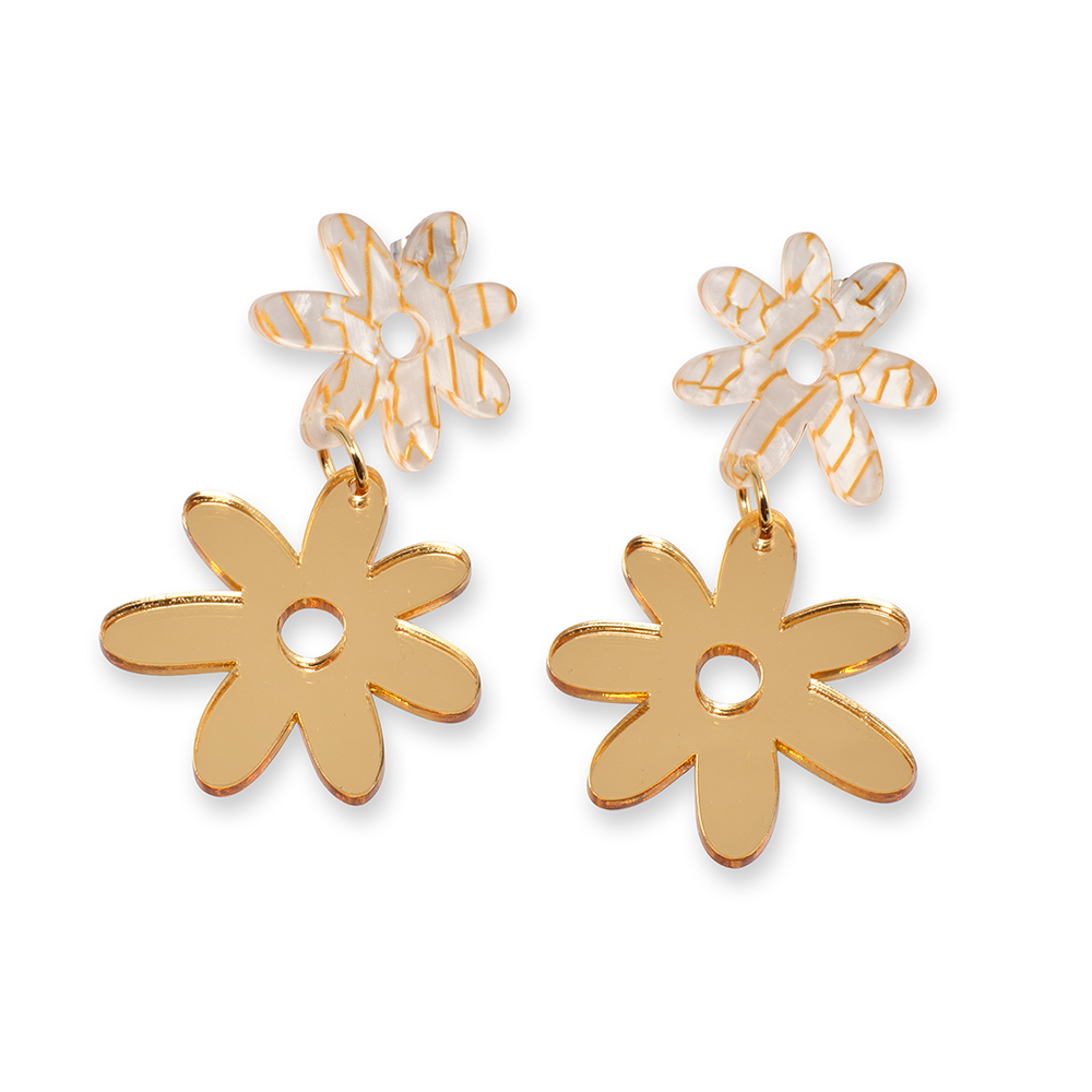 Flower Power Earrings - Pearl - Double drop earrings with striped and gold flowers