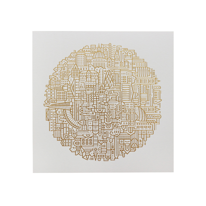 Home wall art - illustrated print of London in gold foil on white background