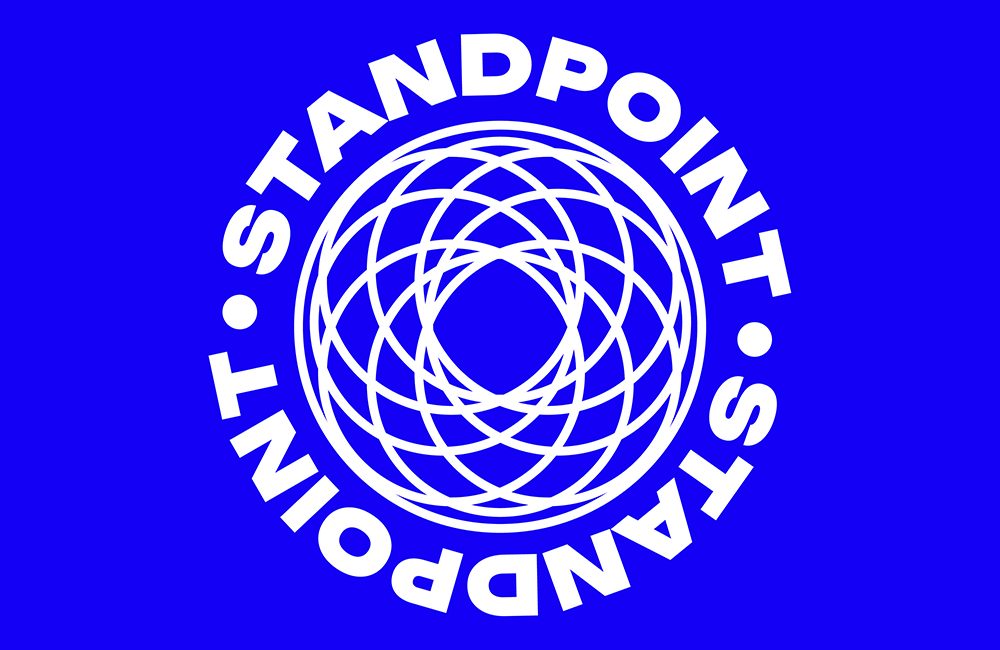 blue and white logo for standpoint print sale