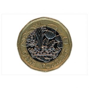 This image shows artwork from Luke Adekoya Campbell. The image features a UK pound coin with the words one dollar around the edge of the coin. The pound coin is on a white background.