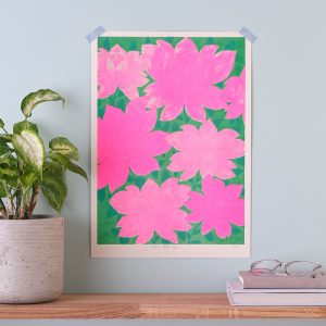 Green and Pink Floral Risograph Print A3