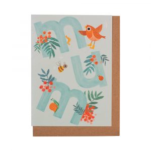 A greetings card in a light blue shade with the word mum written across it in a darker shade of blue. Featuring garden characters, including a robin wearing yellow wellies, a bee, snail, ladybug and worm along with some illustrated berries and leaves.