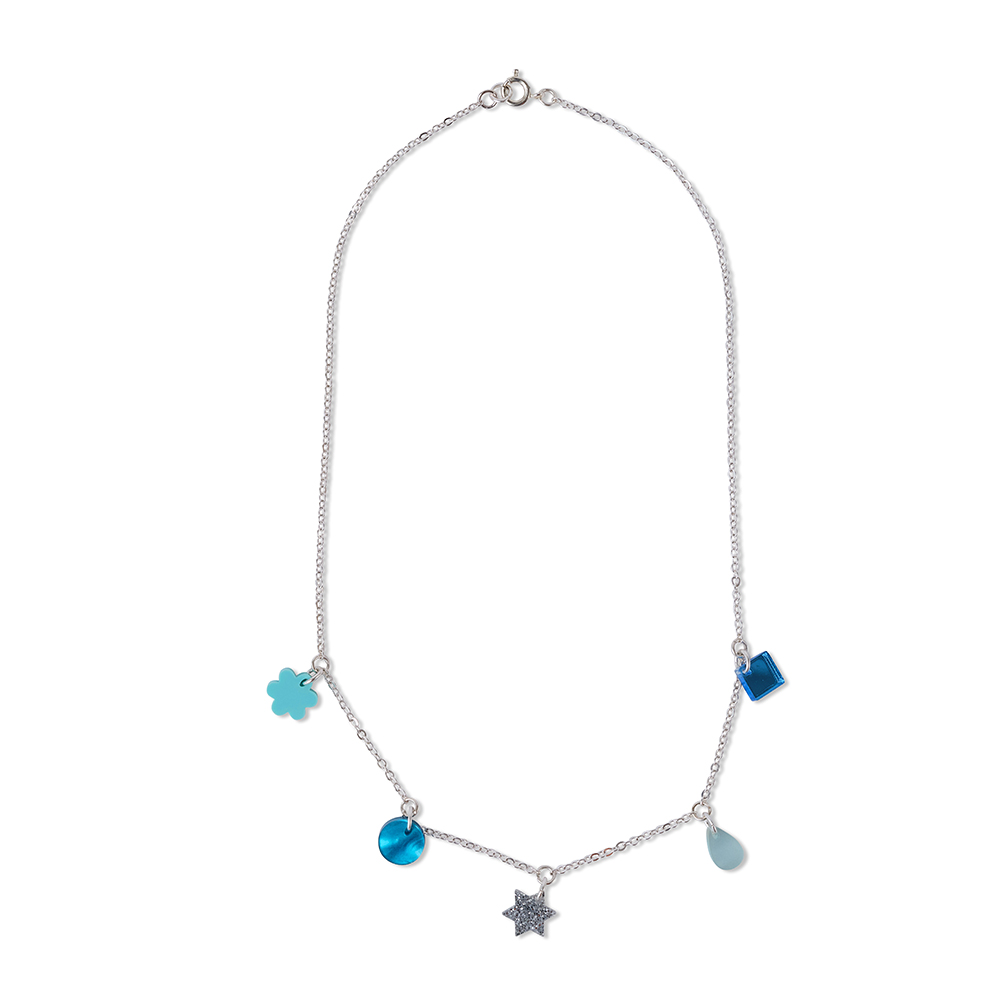 Silver chain necklace with five blue and green charms in abstract shapes