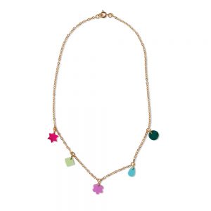 Gold chain necklace with five multi-coloured charms in abstract shapes