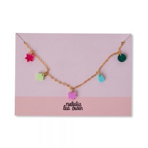 Gold charm necklace by jewellery designer Natalie Lea Owen. Multi-coloured, small charms in abstract shapes. The necklace is presented on a branded pink card.