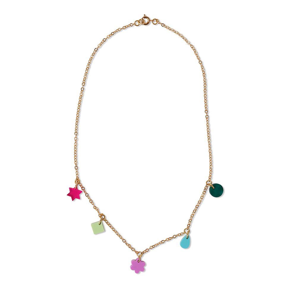 Gold chain necklace with five multi-coloured charms in abstract shapes