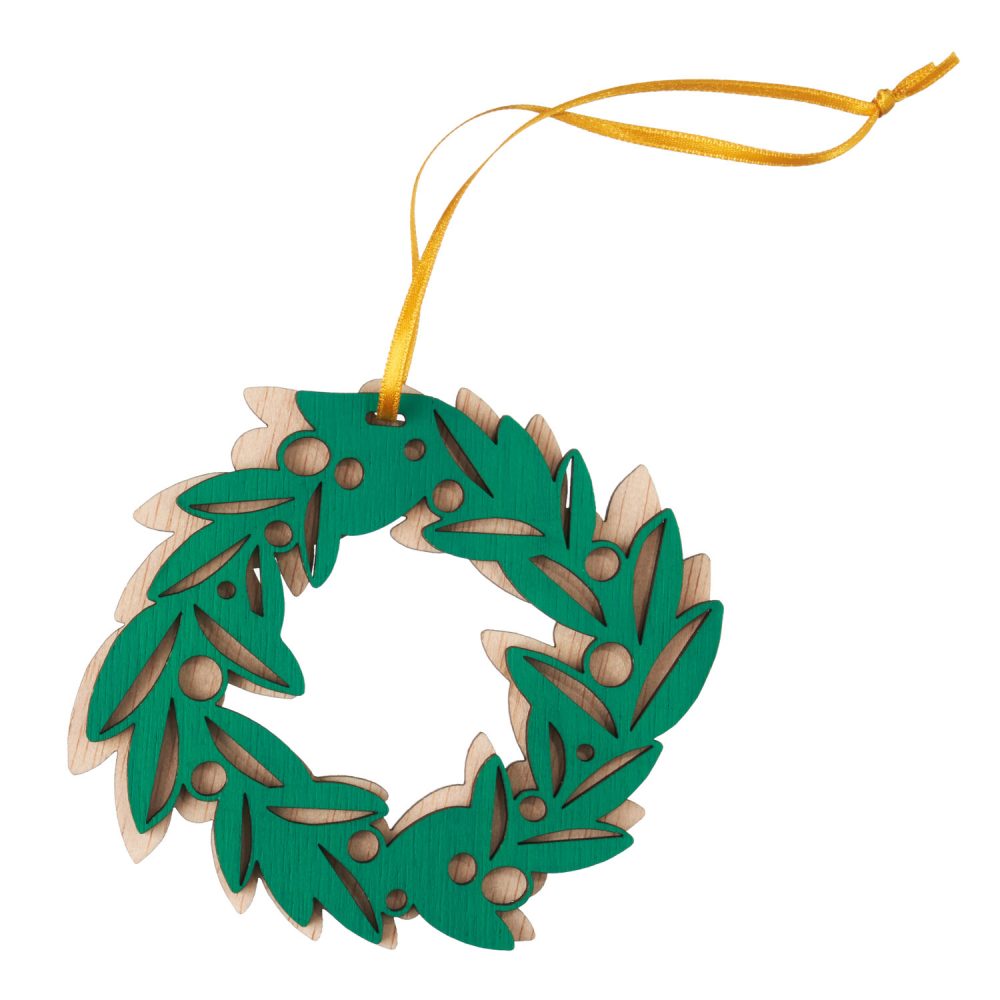 A laser-cut, hand-painted green wreath ornament with gold ribbon.
