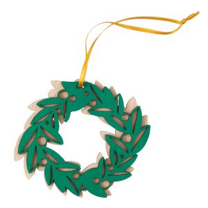 A laser-cut, hand-painted green wreath ornament with gold ribbon.
