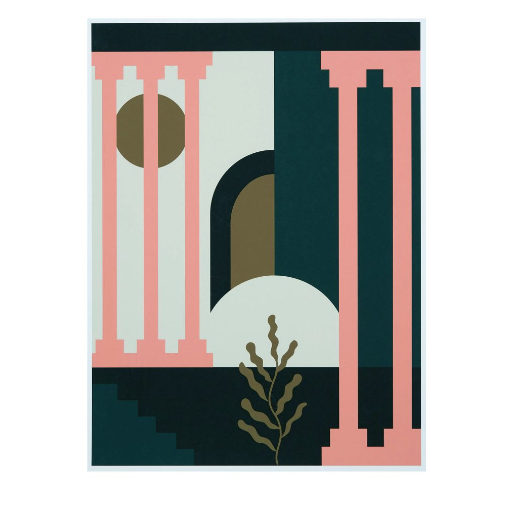 The Palace print, coral columns against a black and cream background.