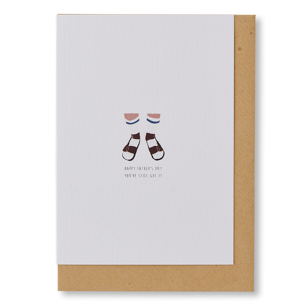 Still Got It Greetings Card - White card with small illustration of two legs wearing socks and sandals