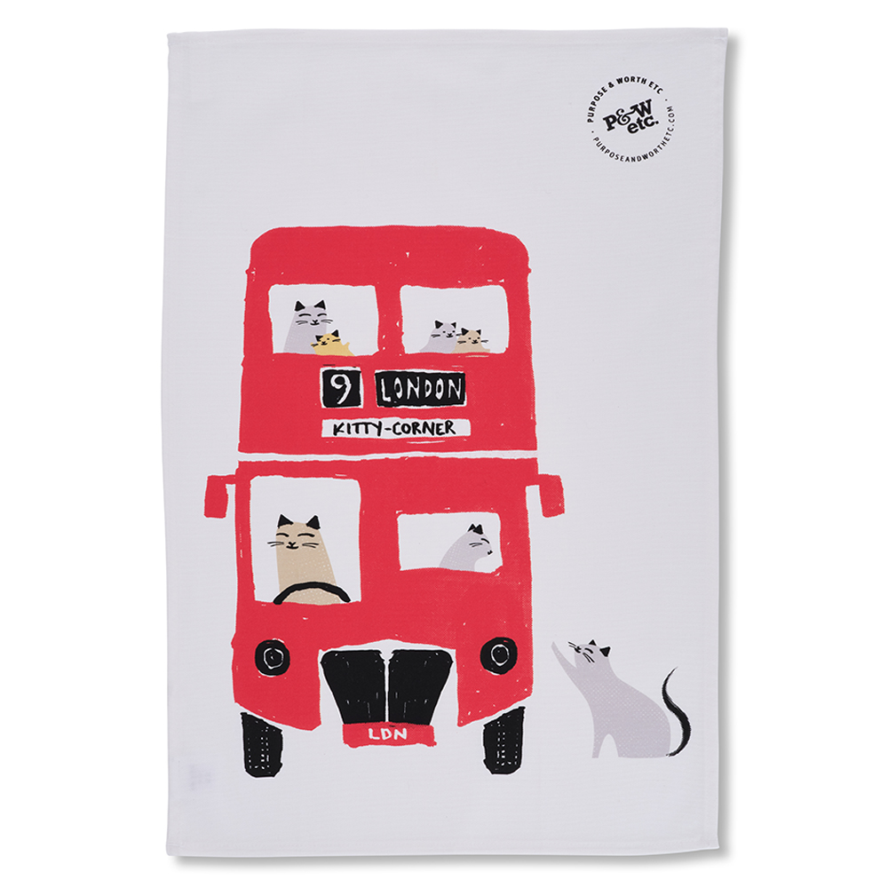 London Bus Kitty Tea Towel