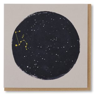 The Leo constellation sits amongst a dark night sky and shining white stars, on this Leo constellation greetings card by Purpose and Worth.