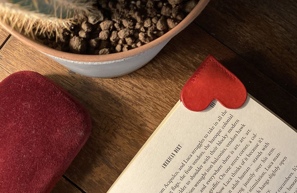 Heart shaped red leather book mark
