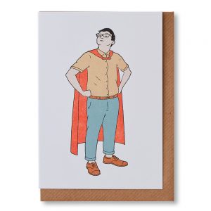 Super Dad Greetings Card -Illustration of a man in jeans and a yellow shirt wearing a red cape