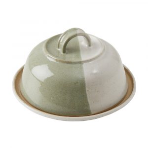 Ceramic butter cloche in glossy moss green and white