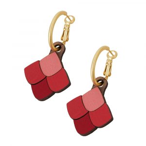 Earring charms in the shape of scales in various shades of red. Hanging from a gold filled hoop.