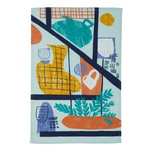 Rectangular tea towel with a celeste blue background colour. On top are abstract drawings of vases and plants, in green, blue and orange.