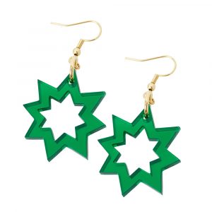 Hook earrings in the shape of a star burst in green mirrored acrylic