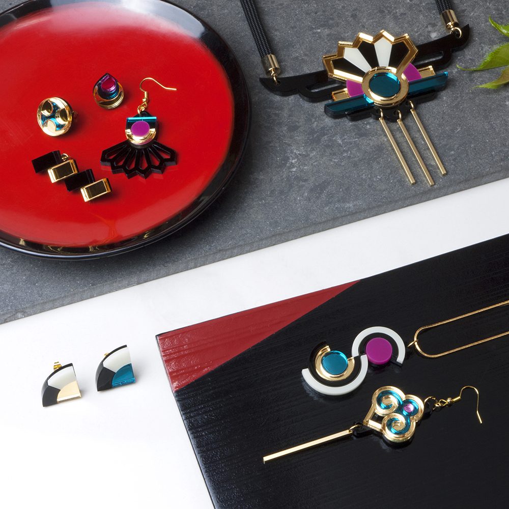 Form 034 Statement Earrings - Gold, Teal and Pink Selection of statement jewellery by Mystic Forms