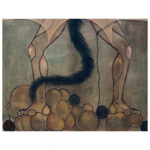 Canvas portraying two legs with a tail in-between them standing on curvaceous bubble like bodies.