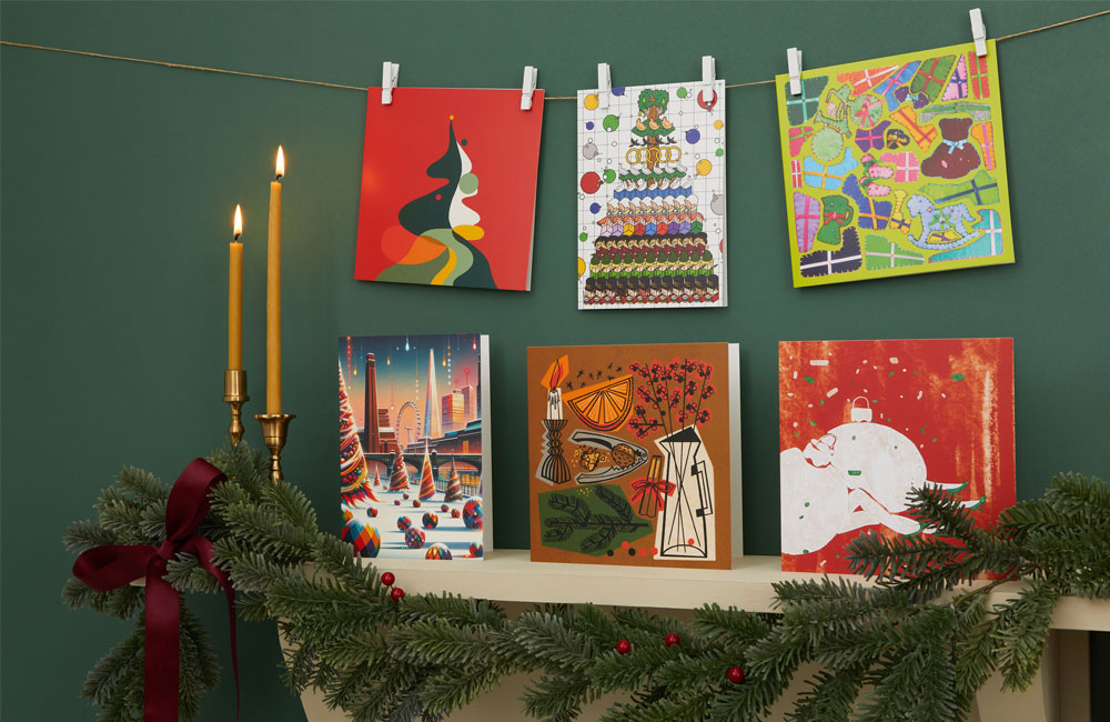 6 UAL x Tate Christmas Cards displayed on a fireplace mantle