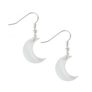 Silver hook earrings featuring crecsent shaped pendants in a pearlescent finish