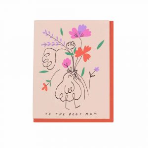 A greetings card featuring a line drawing of a bird holding flowers in pink, purle and orange.