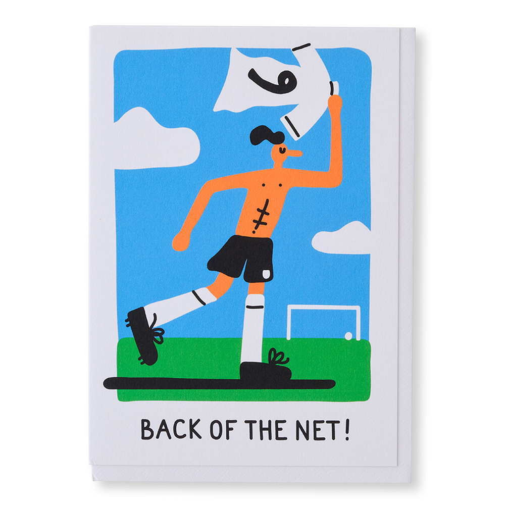 Back Of The Net Greetings Card - A greetings card with a topless footballer waving his number 9 shirt in the air