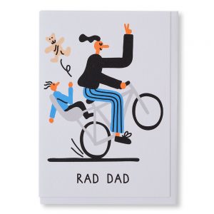 Illustration of a Dad doing a wheelie on a bicycle, with a child sat in the seat on the back of the bicycle.