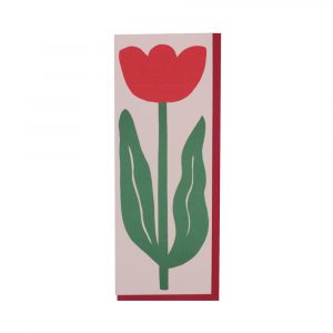 A long slim card with a white background featuring a Red tulip, with green stem and two leaves.