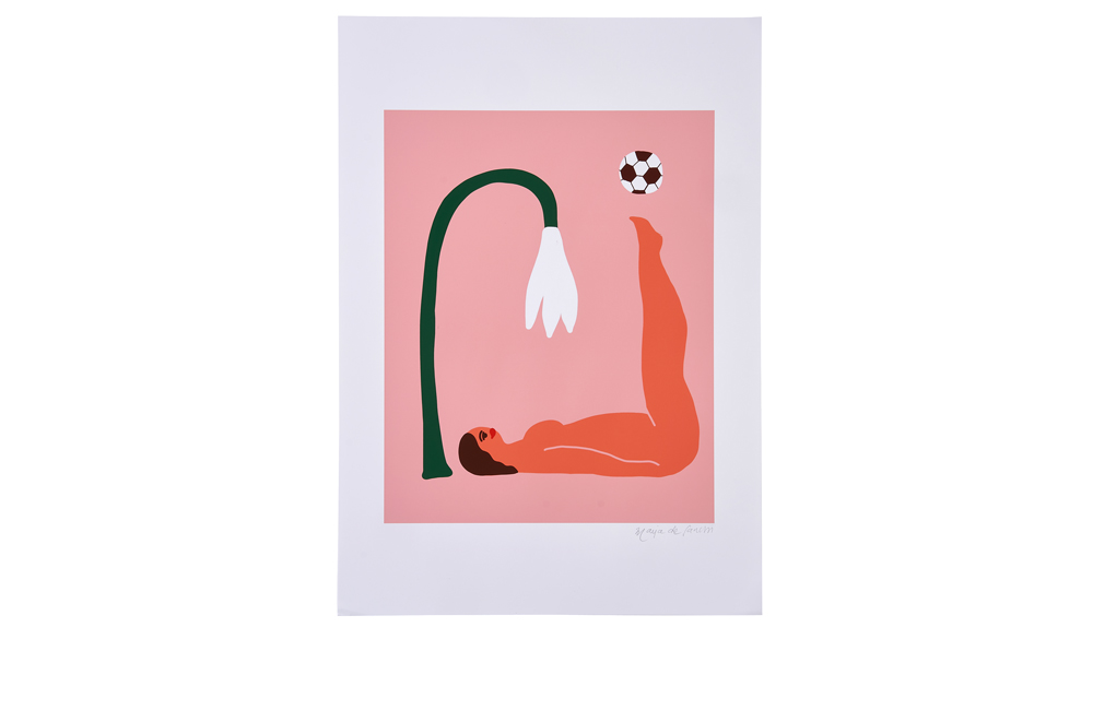 An illustration of a woman laid down with her legs in the air, next to a flower and a football