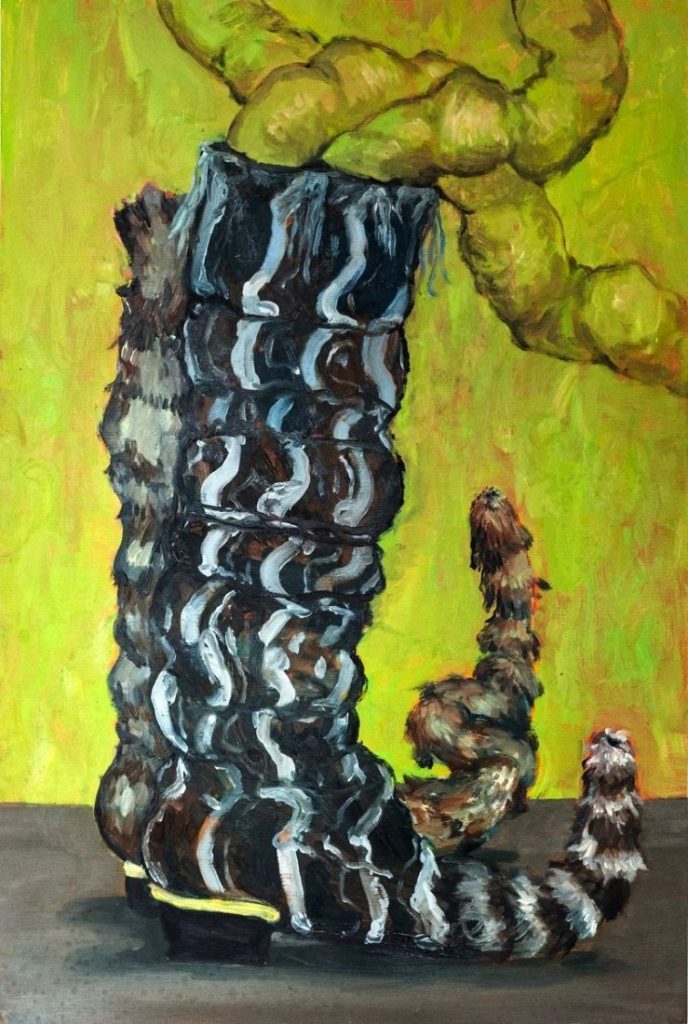 An oil painting featuring a  pair of boots against a yellowy green background