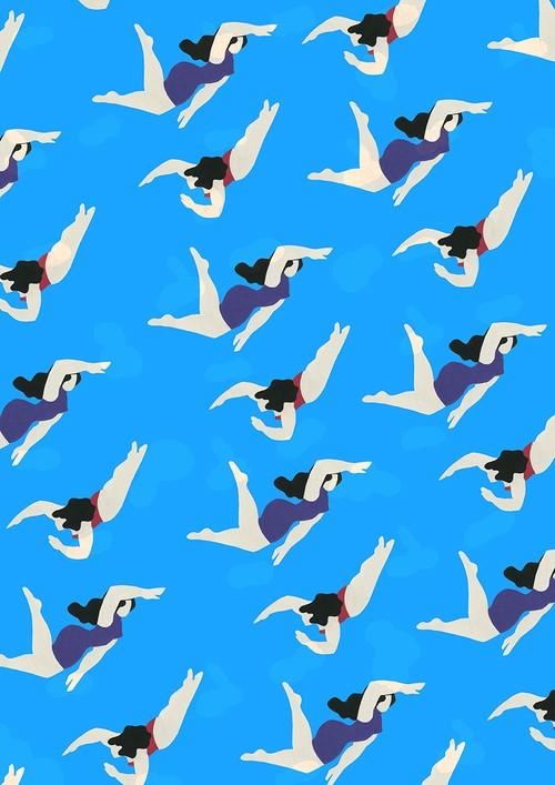 A paper cut collage with a repetitive pattern featuring women swimming in purple and red swimming costumes. 